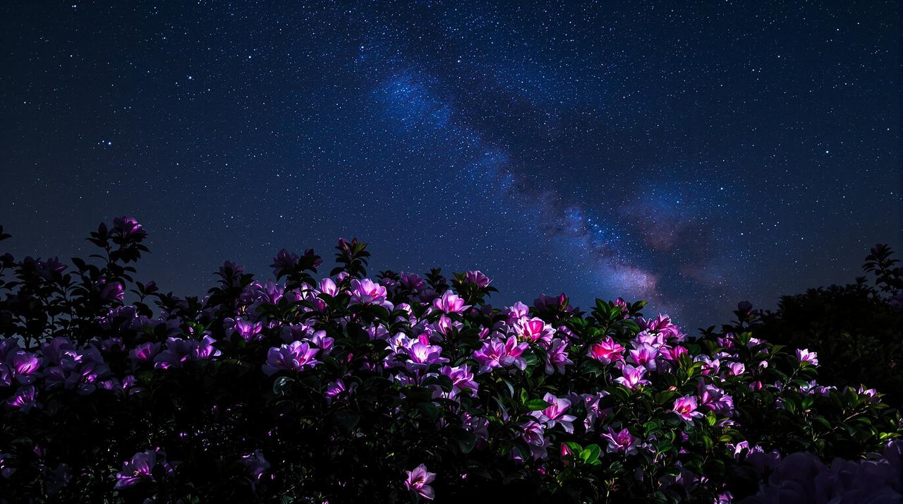 飞马影视 - 杜鹃花夜间摄影：星空下的花语